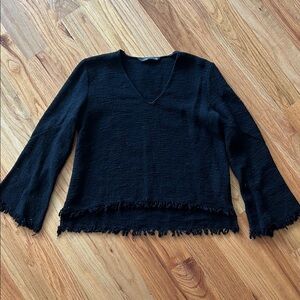 Zara Black Fringe Hem V-Neck Sweater